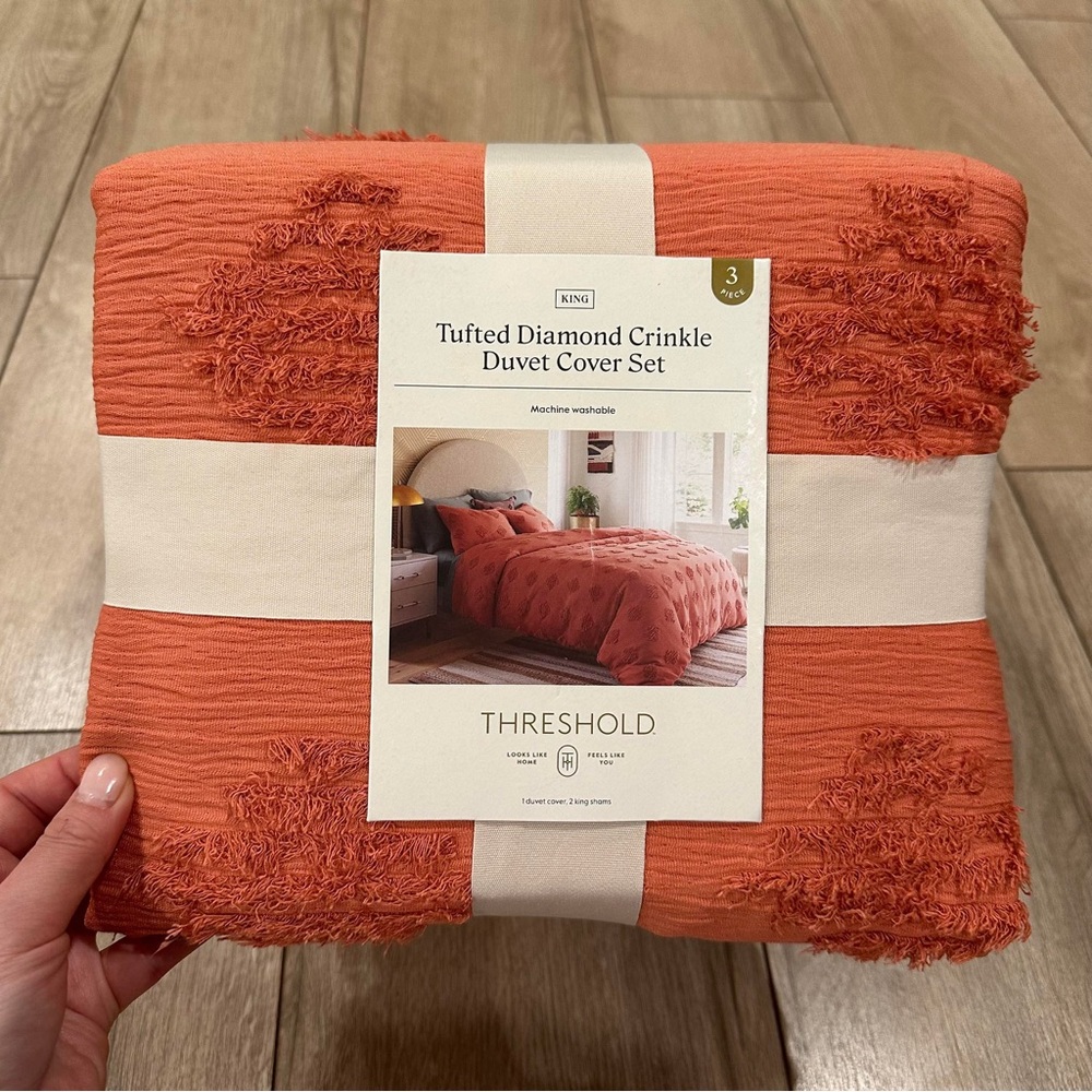King Threshold Tufted Diamond Crinkle Duvet Cover and Sham Set - Melon Pink